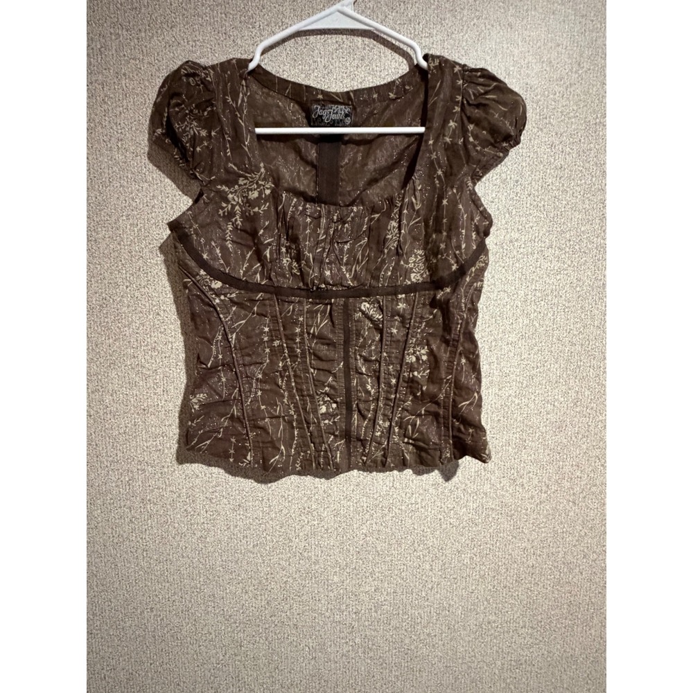 Jag Jeans Brown Floral Corset Top Metallic Sparkle Cap Sleeve Square Neck M